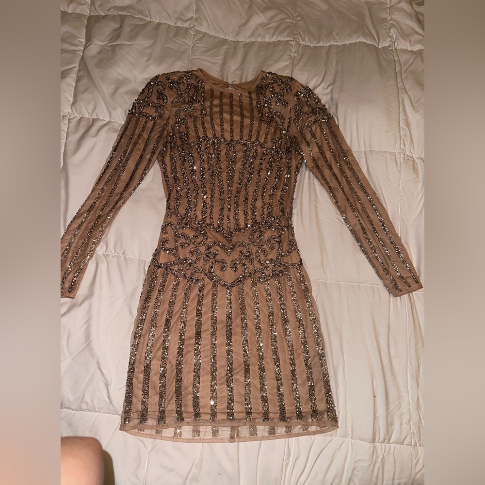 Nude long sleeve SequinDress with open Back